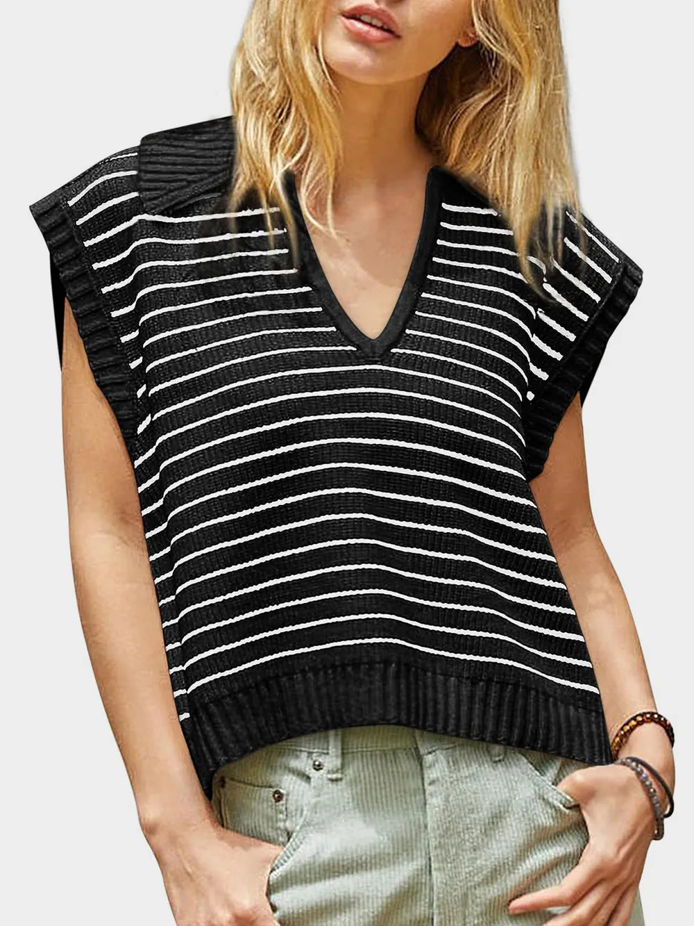Collared Neck Striped Sweater Vest (5)