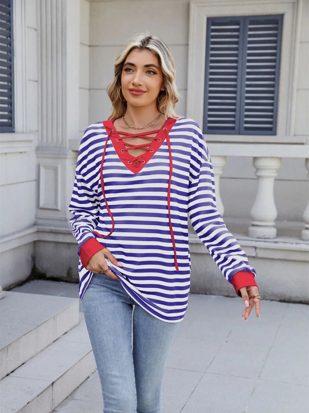 Lace-up Striped Long Sleeve T-shirt (21)