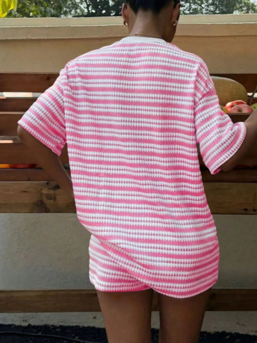 Striped Short Sleeve Top Shorts Set (21)