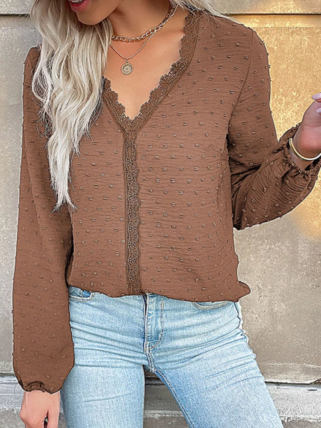 Lace Detail V-neck Long Sleeve Blouse (7)