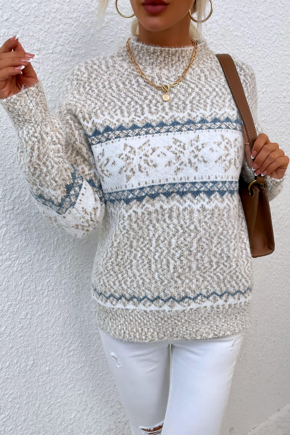 Snowflake Pattern Mock Neck Sweater (9)