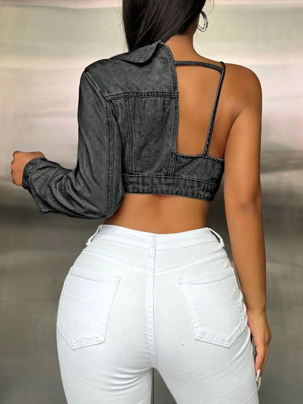 One Shoulder Long Sleeve Cropped Denim Top (3)
