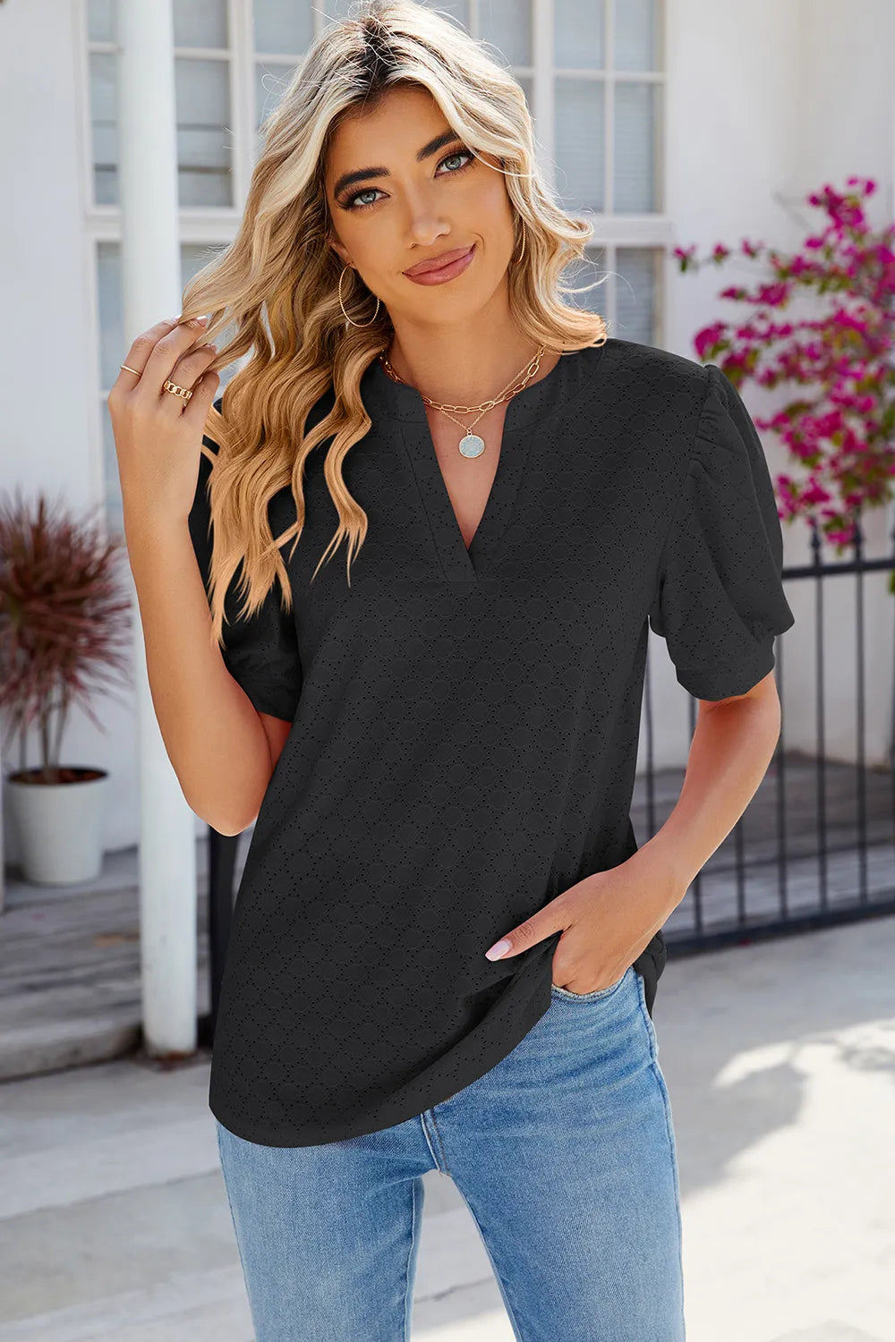 Eyelet Notched Puff Sleeve T-shirt (18)