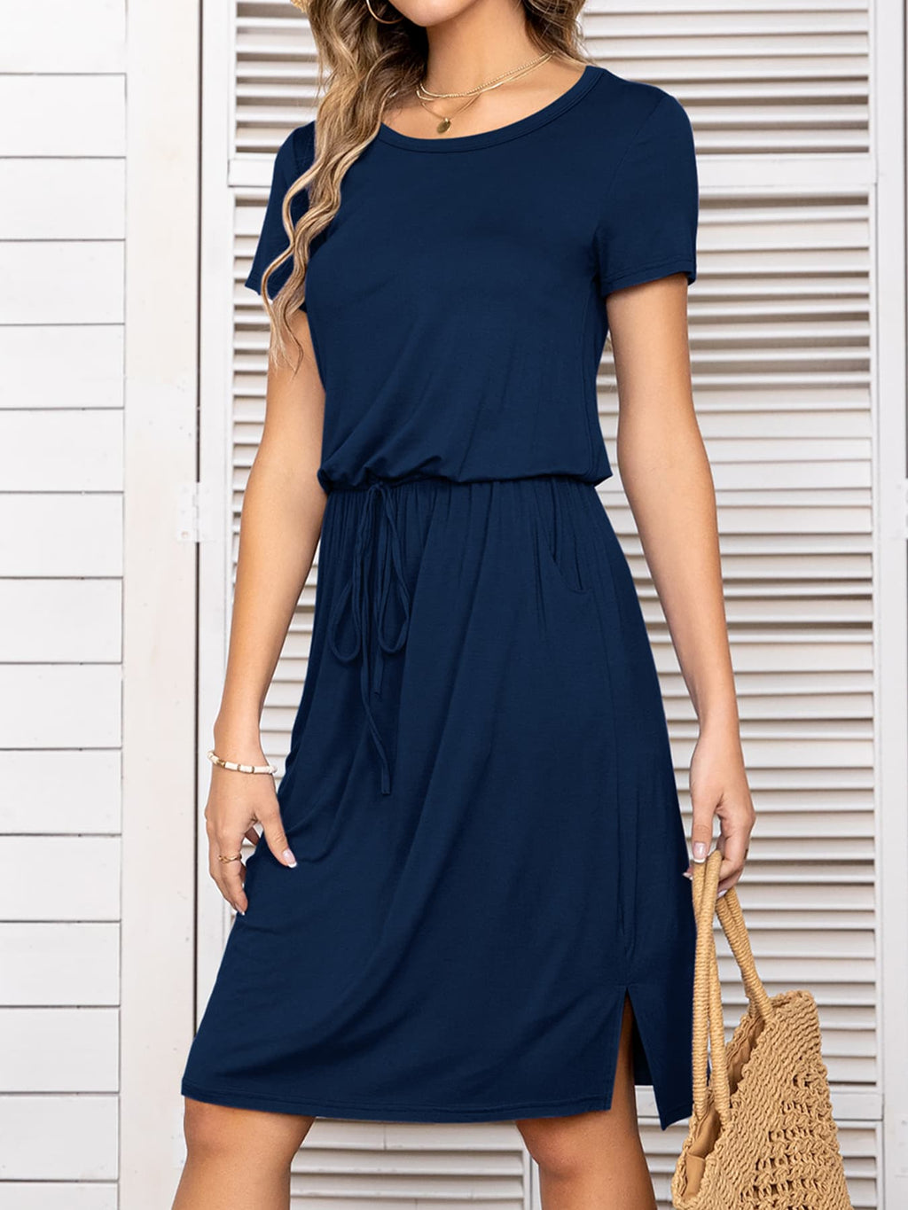 Round Neck Short Sleeve Slit Dress Pockets (14)