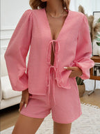 Tied Long Sleeve Top Shorts Set (9)