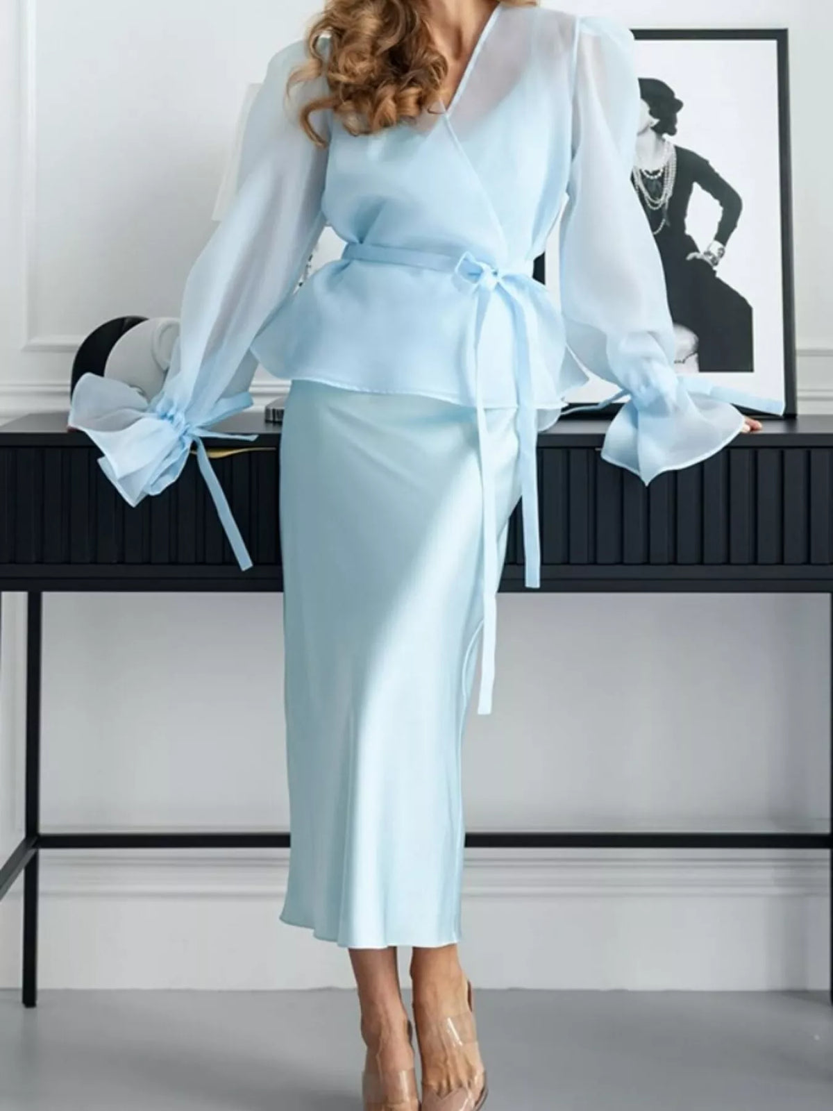 Flounce Sleeve Blouse Satin Midi Skirt Two-piece Set (10)