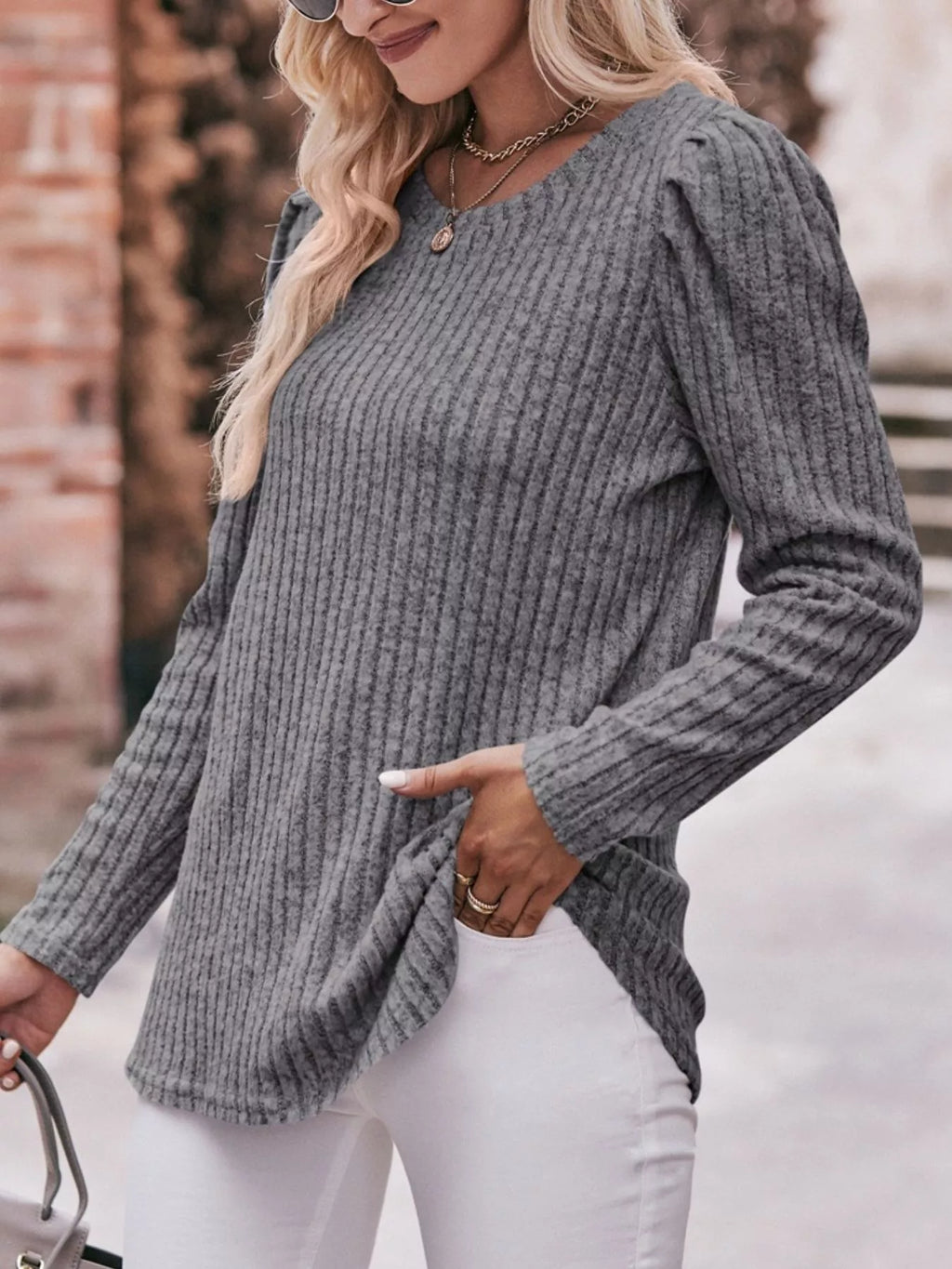 Ribbed Knit Puff Sleeve T-shirt (28)
