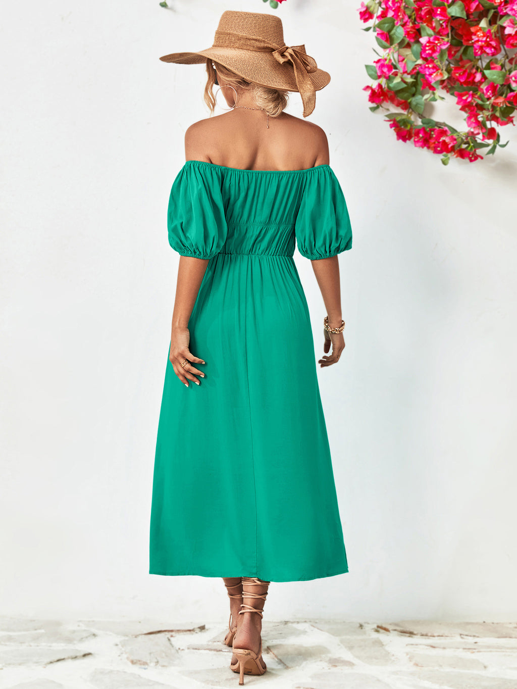 Off-shoulder Balloon Sleeve Midi Dress (2)
