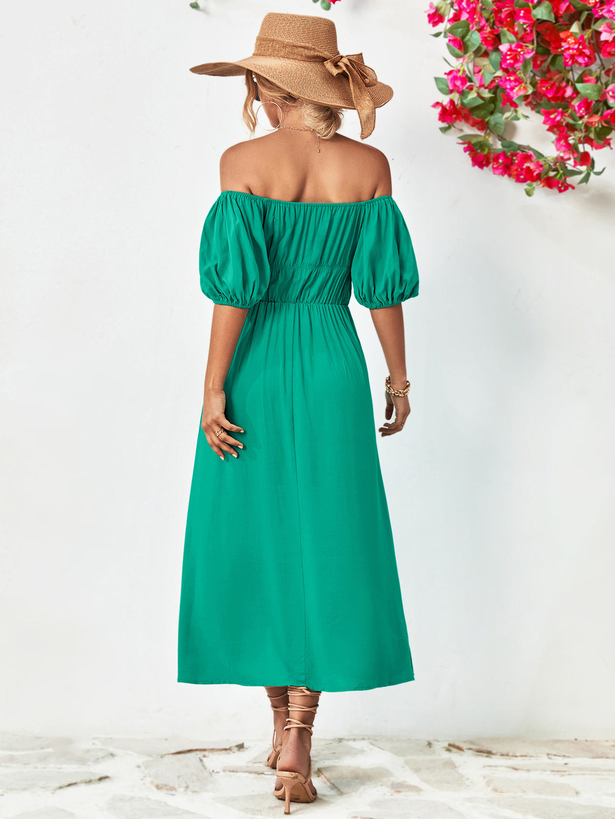 Off-shoulder Balloon Sleeve Midi Dress (2)