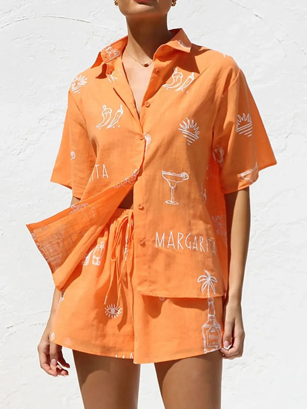 Printed Button Down Short Sleeve Top Shorts Set (13)