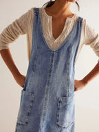 Oversized V-neck Denim Tank Dress Front Pockets (7)