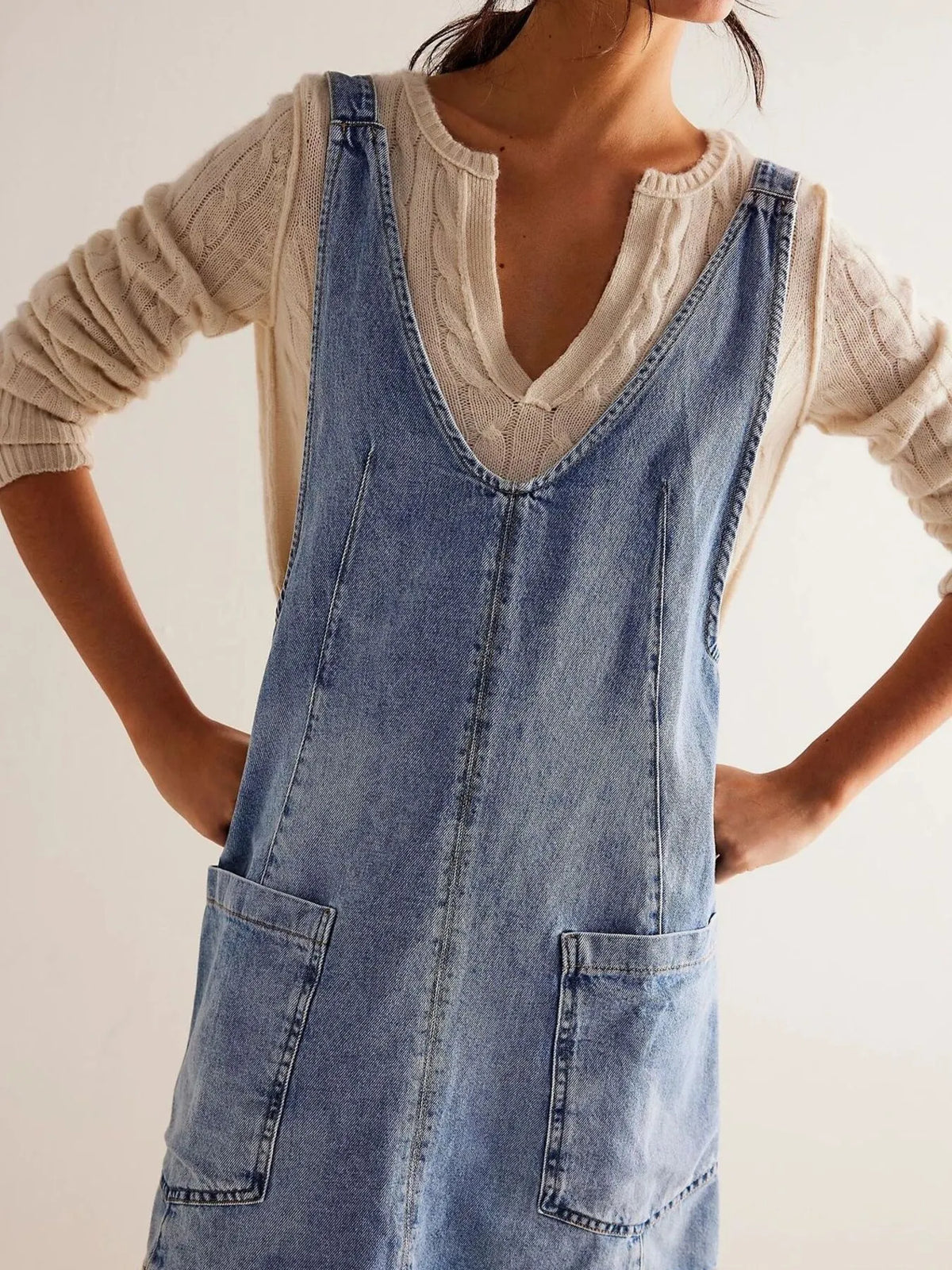 Oversized V-neck Denim Tank Dress Front Pockets (7)
