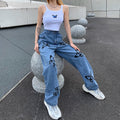 Floral Butterfly Print Wide-leg Jeans variant CJNSXZNZ00914-Blue-M|CJNSXZNZ00914-Blue-S|CJNSXZNZ00914-Blue-L