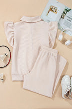 Textured Ruffled Sleeve Zipped Top Wide Leg Pants Set (7)