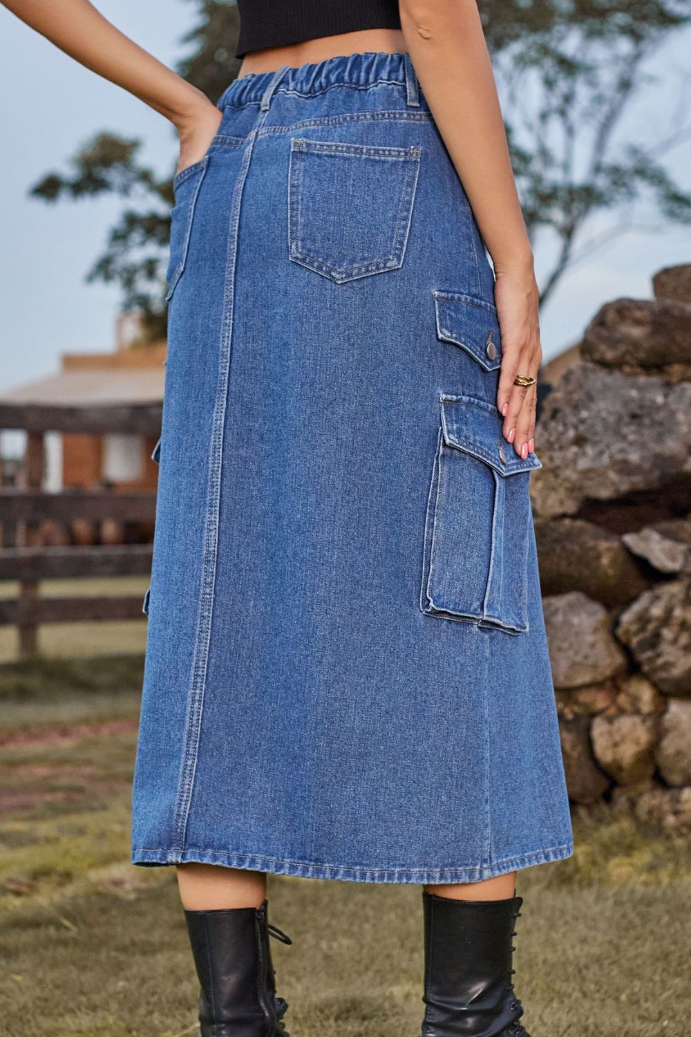 Slit Front Midi Denim Skirt Pockets (2)