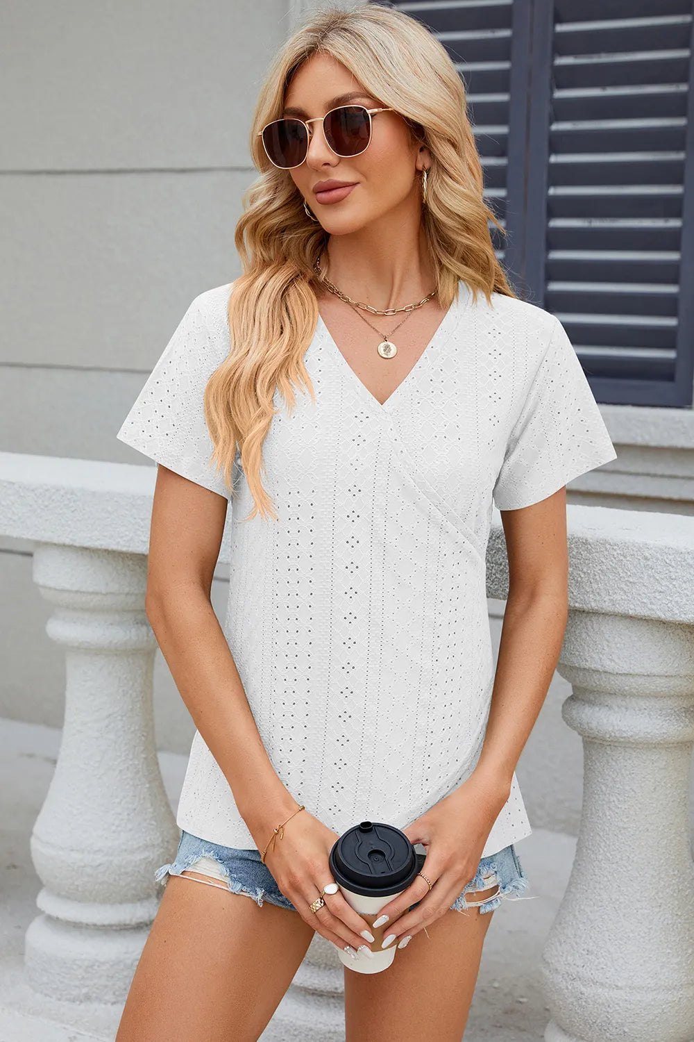 Eyelet Surplice Short Sleeve T-shirt (10)