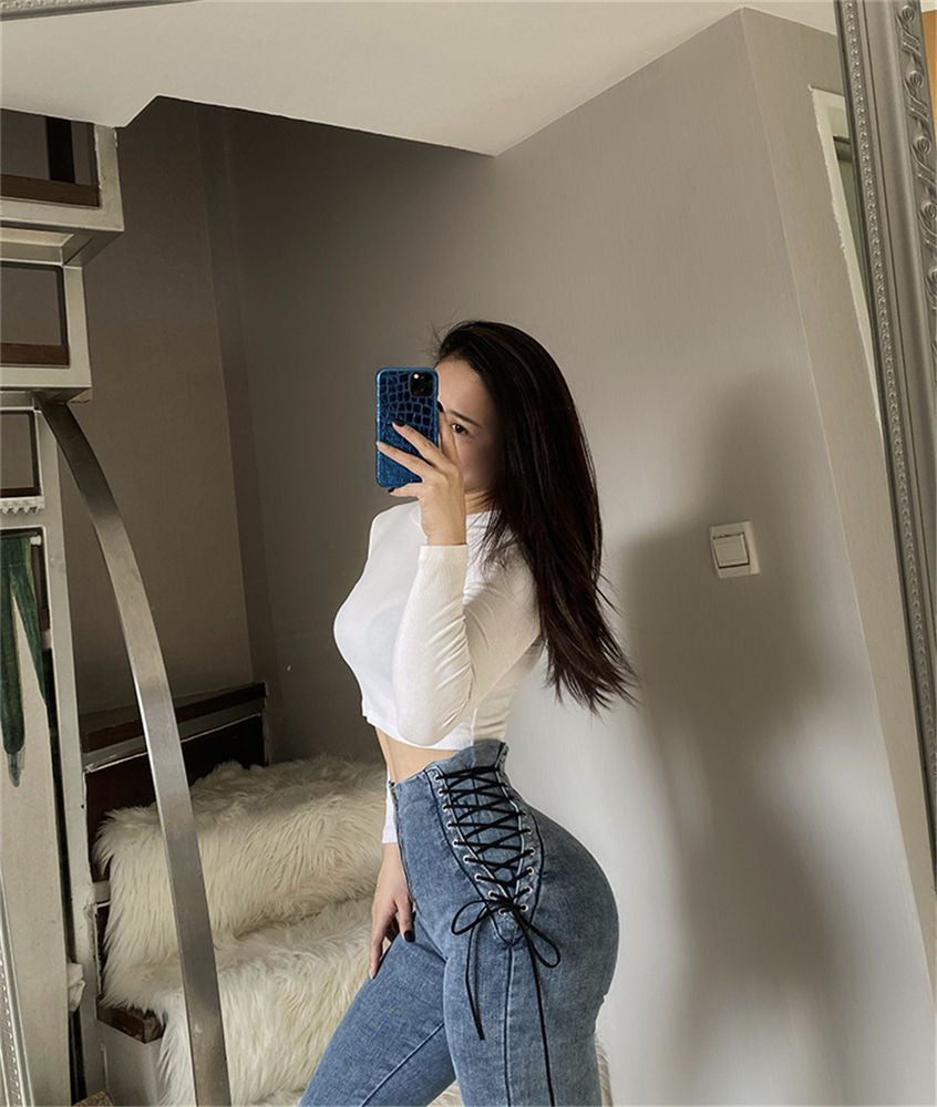Cross Lace-up Waist-controlled Jeans on Both Sides photo 7