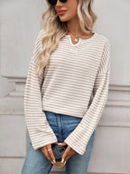Striped Notched Long Sleeve T-shirt