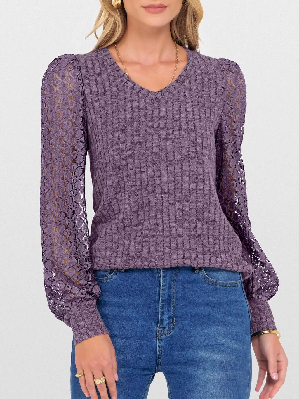 Lace Sleeve V-neck T-shirt