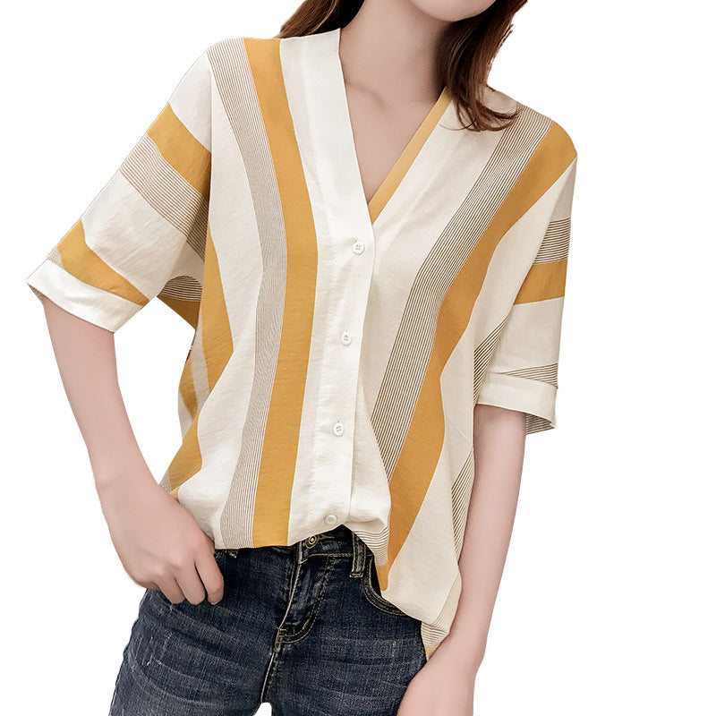 Oversized V-neck Striped Shirt photo 2