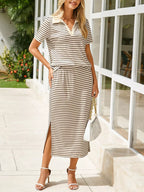 Striped Polo Collar Top Slit Skirt Two-piece Set (20)