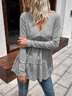 Waffle-knit V-neck Long Sleeve Blouse