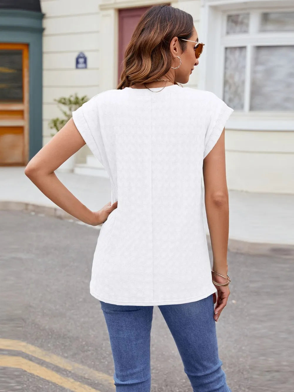 Textured Round Neck Cap Sleeve T-shirt (24)