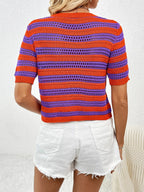 Openwork Striped Round Neck Short Sleeve Knit Top (8)