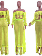 Full Size Crochet Off-shoulder Fringe Top Skirt Set Plus (27)