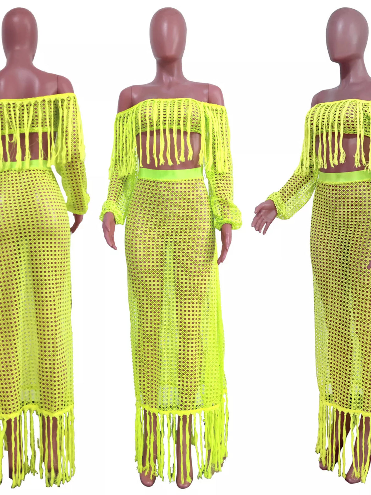 Full Size Crochet Off-shoulder Fringe Top Skirt Set Plus (27)