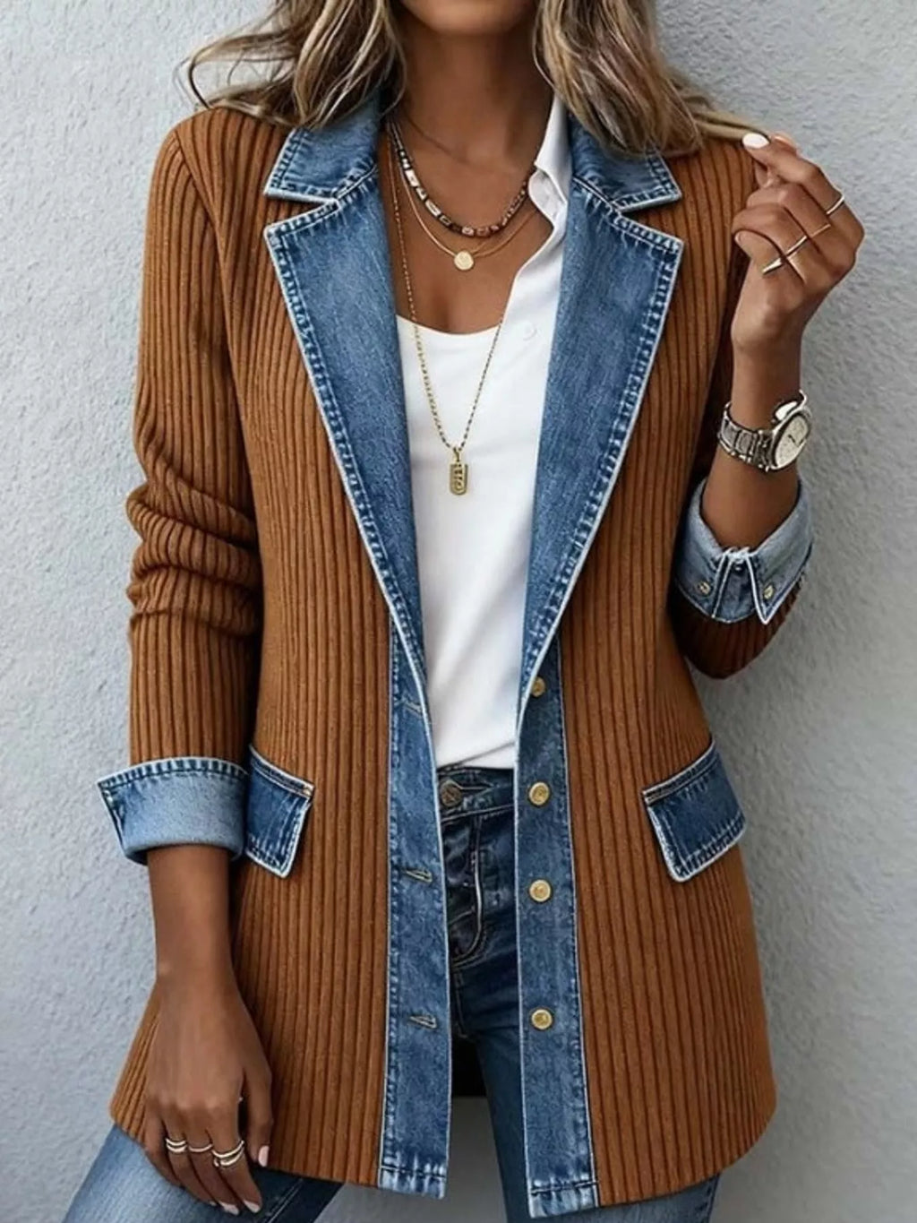Full Size Denim Trim Ribbed Knit Cardigan Plus (8)