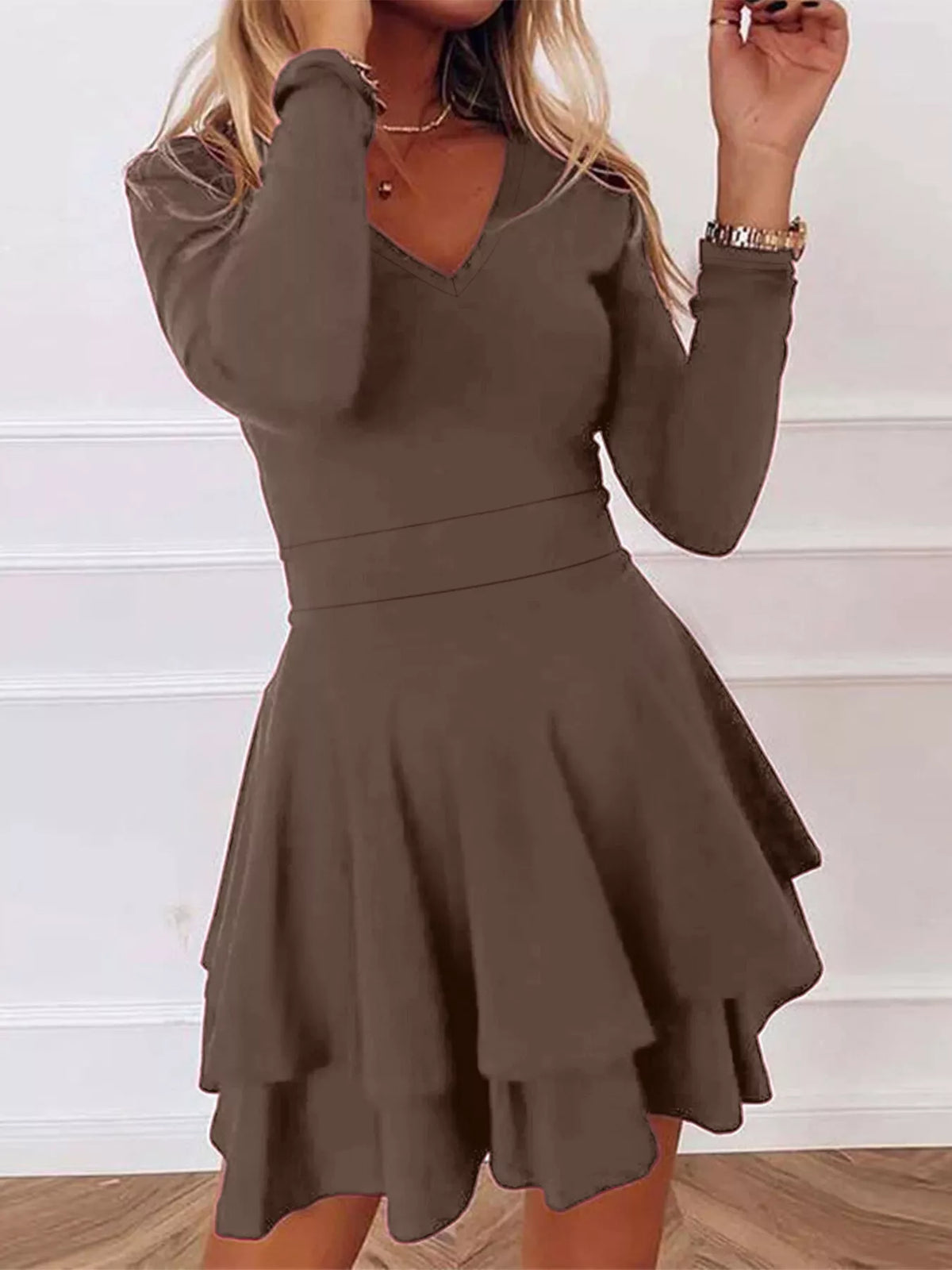 V-neck Long Sleeve Layered Ruffle Mini Dress (11)