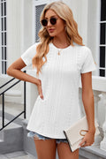 Eyelet Slit Round Neck Short Sleeve T-shirt
