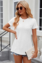 Eyelet Slit Round Neck Short Sleeve T-shirt