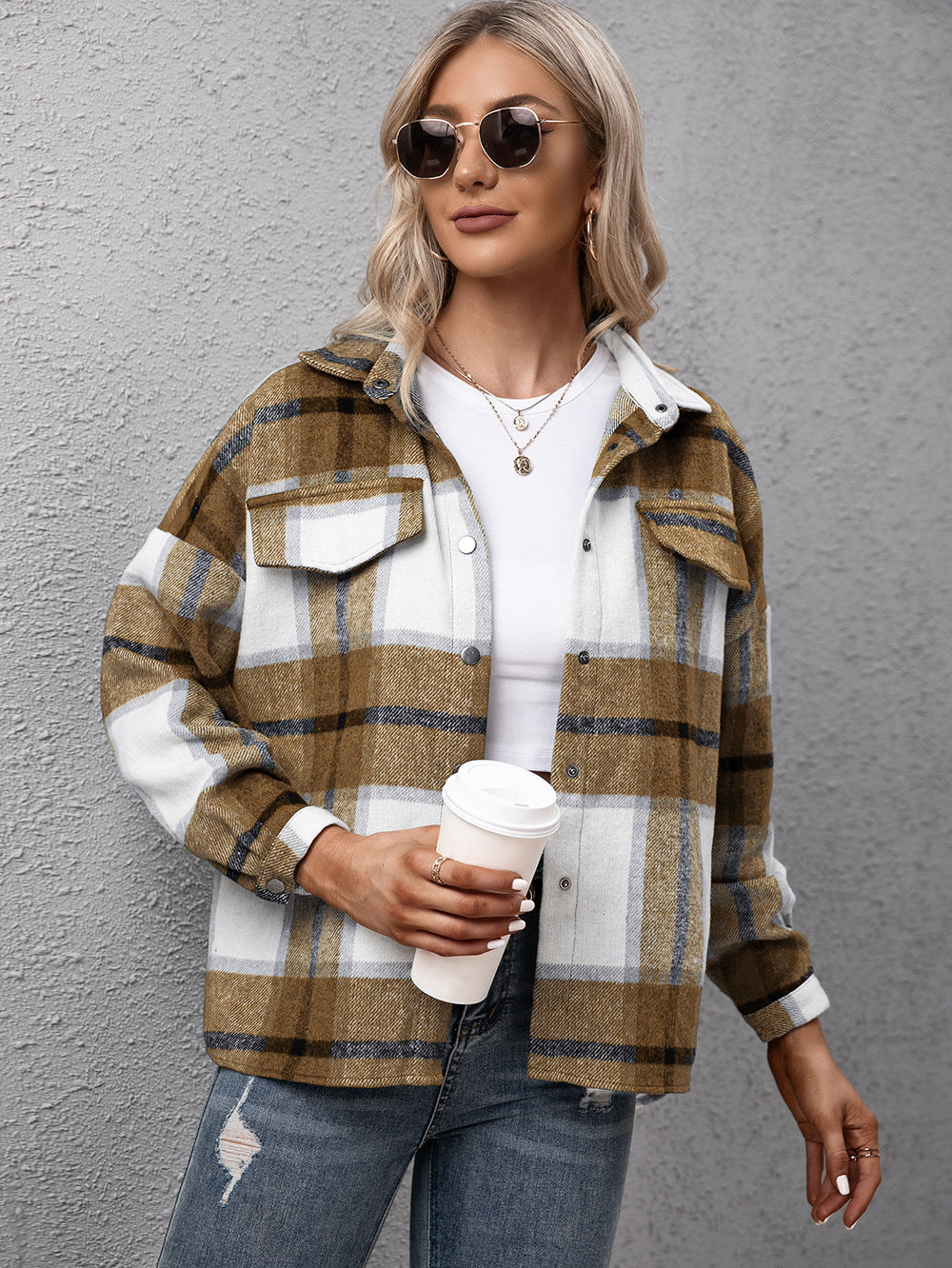 Plaid Long Sleeve Shirt Jacket (5)