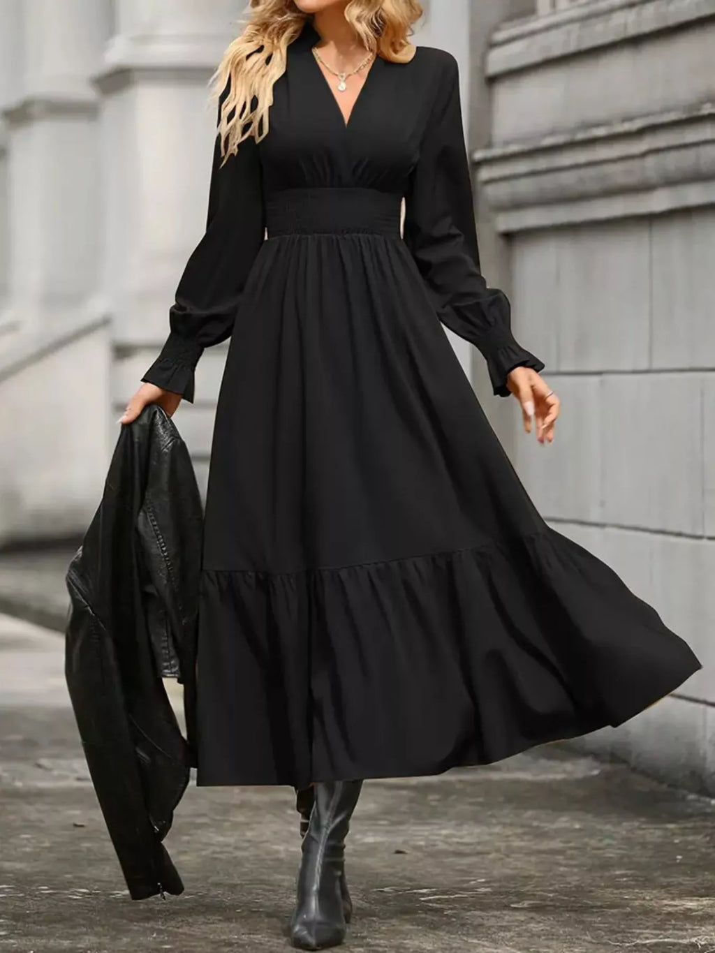 Surplice Long Sleeve Tiered Midi Dress (12)