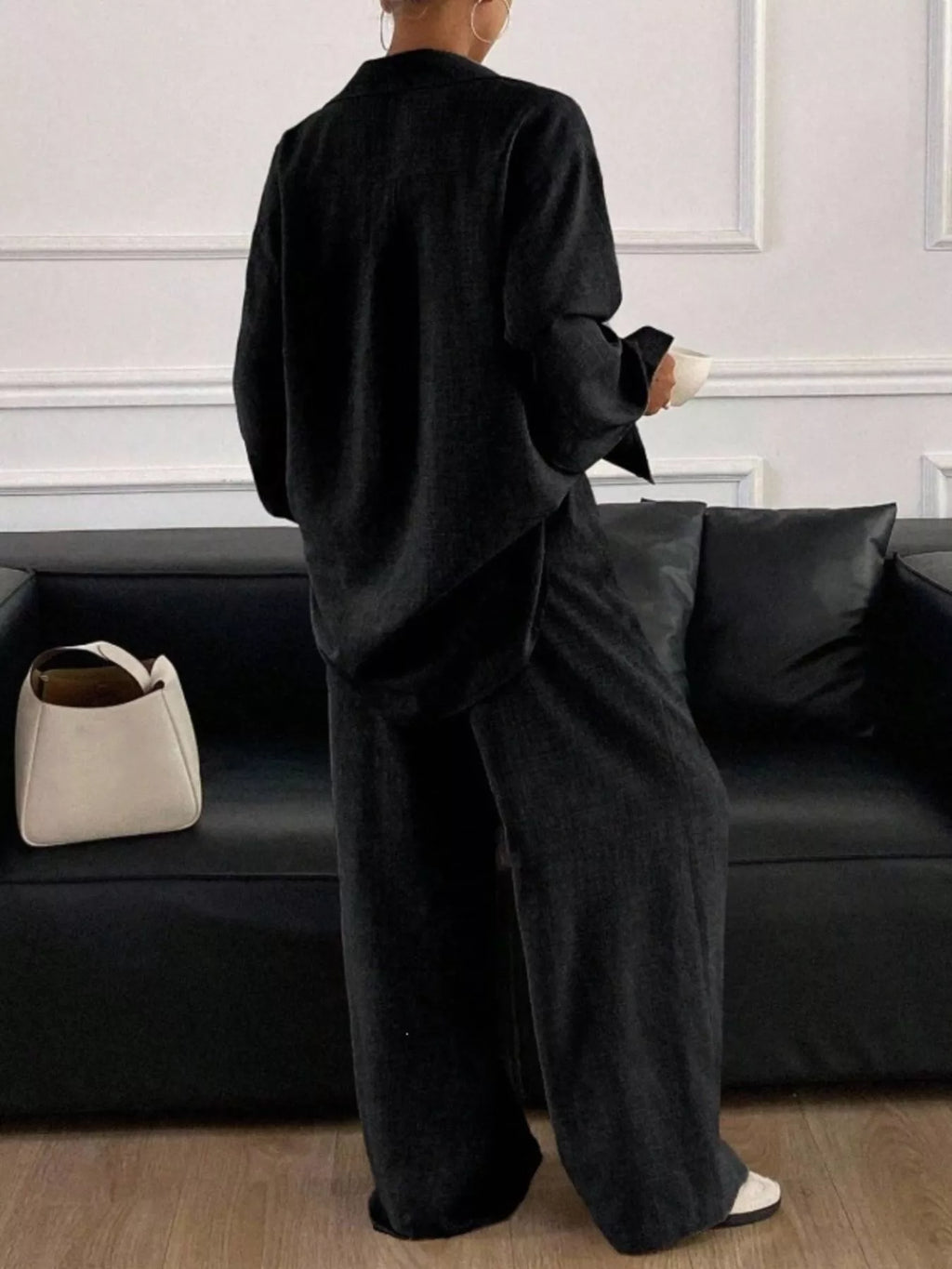 Button Up Long Sleeve Shirt Wide Leg Pants Set (21)
