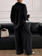 Button Up Long Sleeve Shirt Wide Leg Pants Set (21)