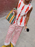 Fish Print Sleeveless Top Pants Set (8)