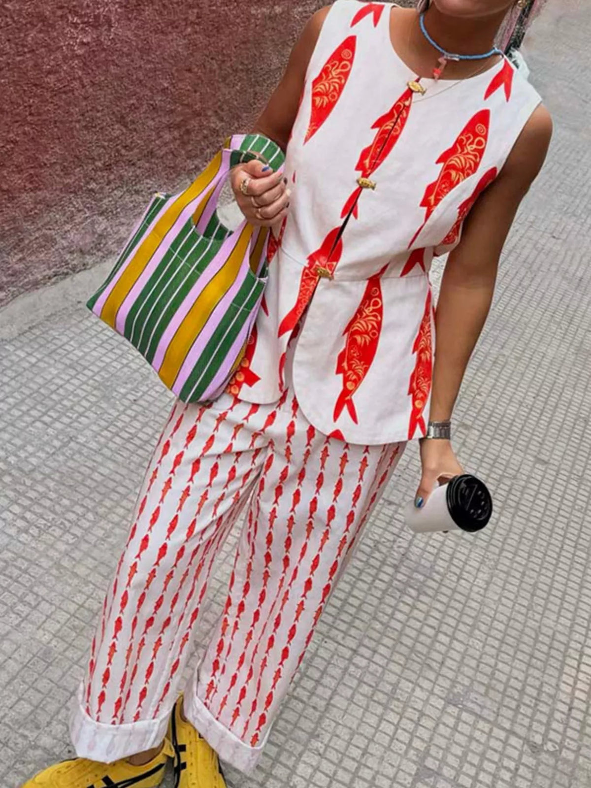 Fish Print Sleeveless Top Pants Set (8)