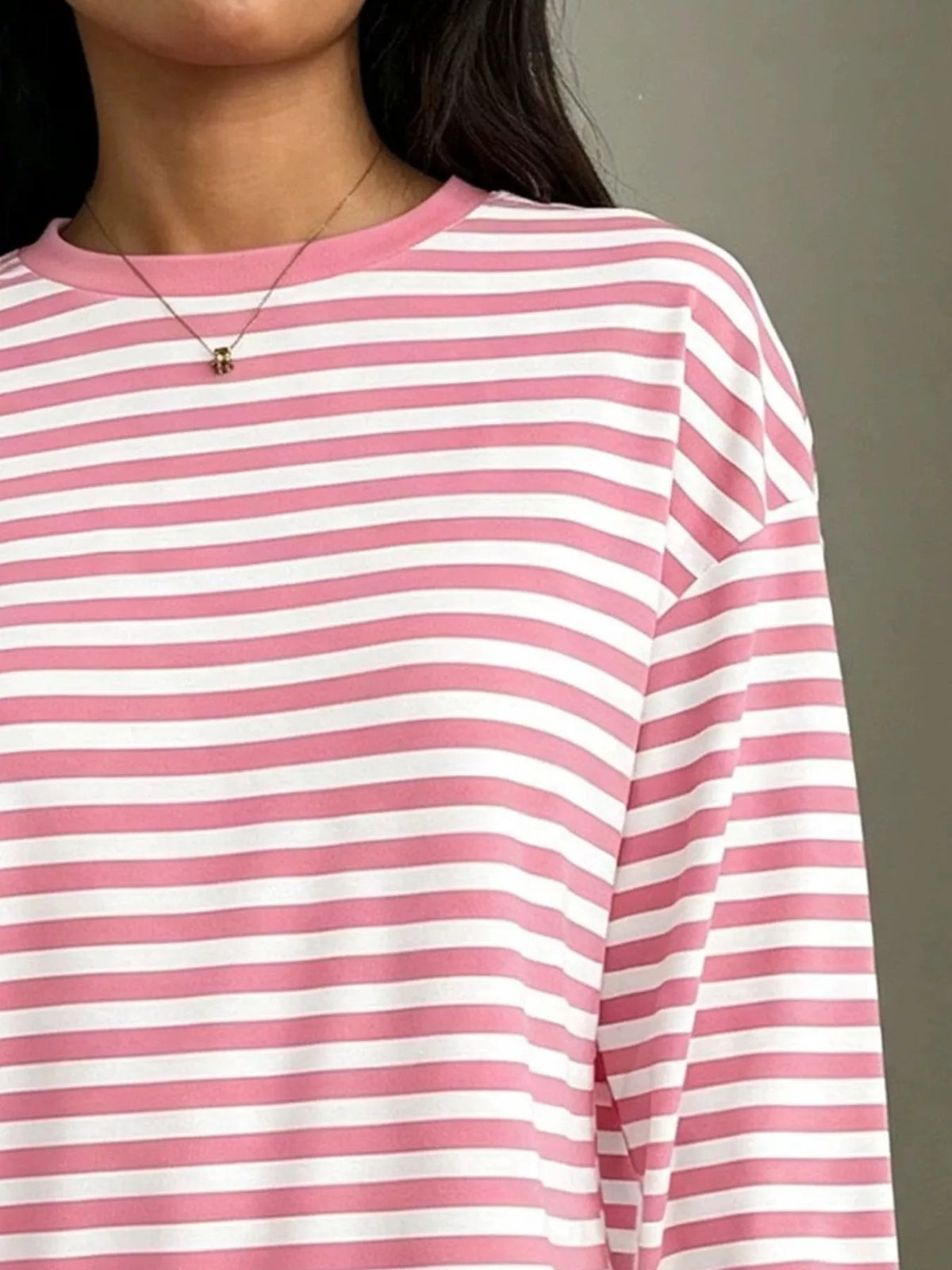 Full Size Casual Long-sleeve Striped Crew Neck T-shirt Plus (8)