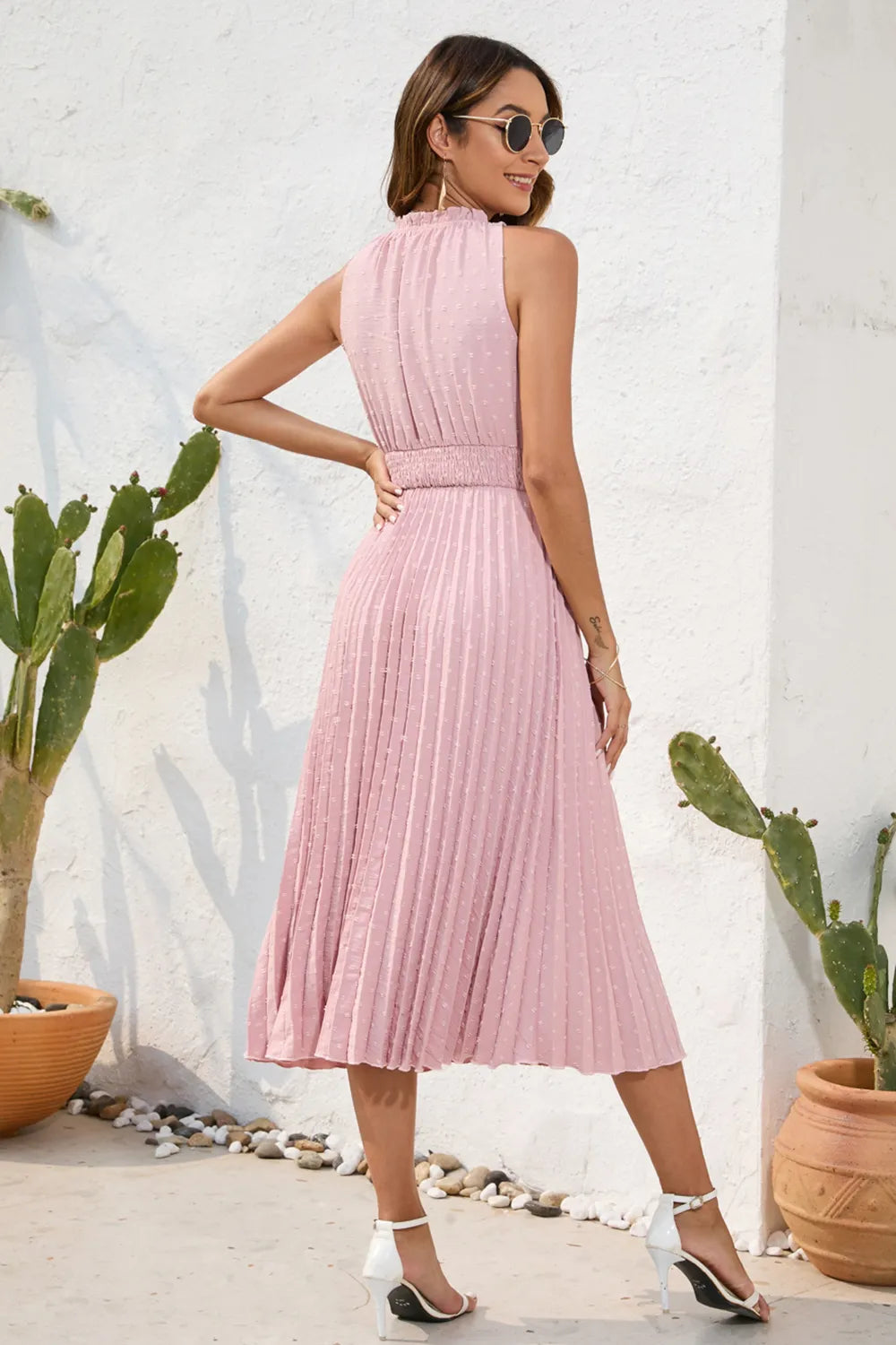 Swiss Dot Tie Neck Sleeveless Dress (6)