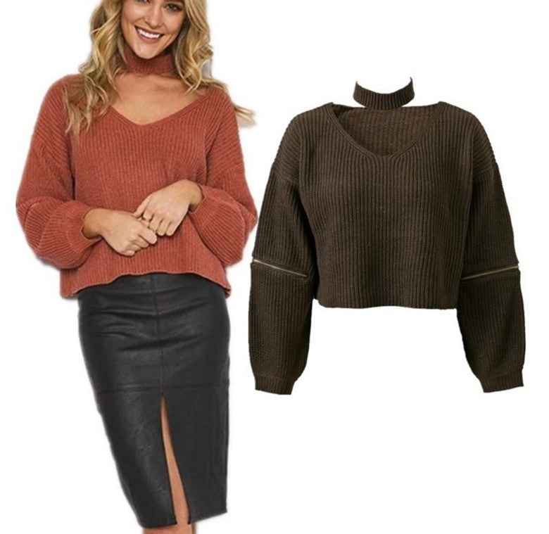 Neck V-neck Zipper Sleeve Pullover photo 1