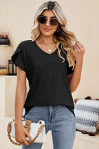 Eyelet V-neck Petal Sleeve T-shirt (10)