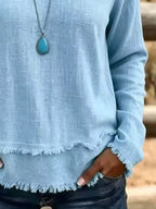 V-neck Long Sleeve Blouse Frayed Hem Detail (6)