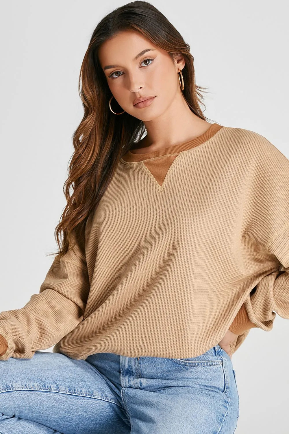 Waffle-knit Long Sleeve Sweatshirt (4)