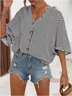 V-neck Striped Batwing Sleeve Casual Blouse