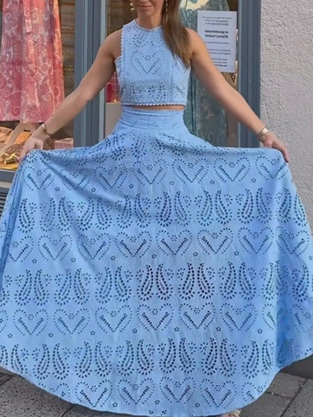 Eyelet Lace Top Maxi Skirt Set (5)