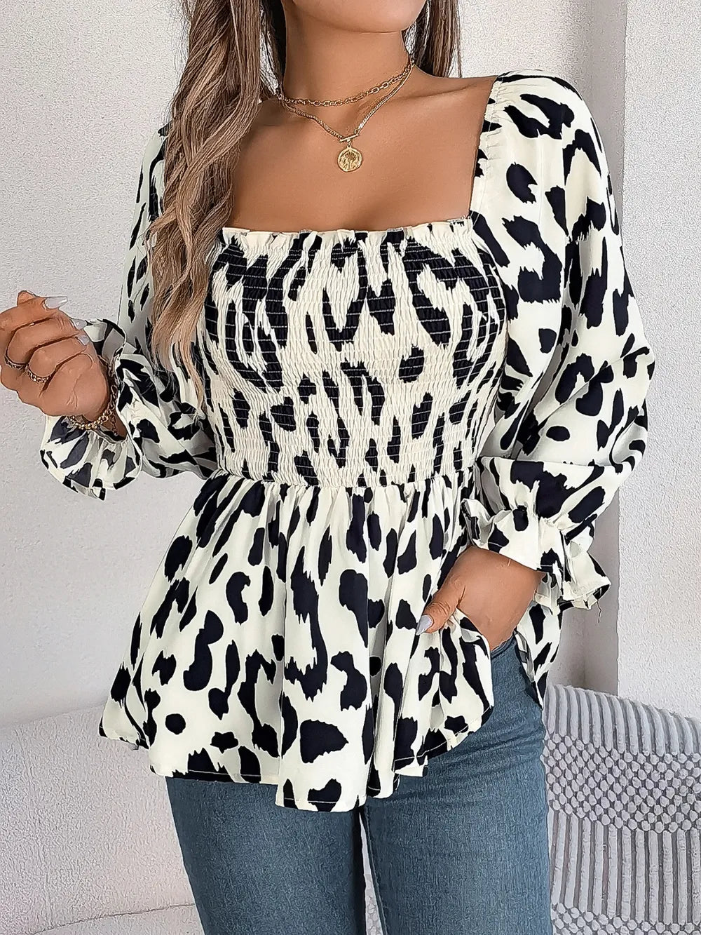 Square Neck Flounce Sleeve Blouse (10)