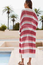 Striped Open Front Side Slit Duster Cover Up (13)